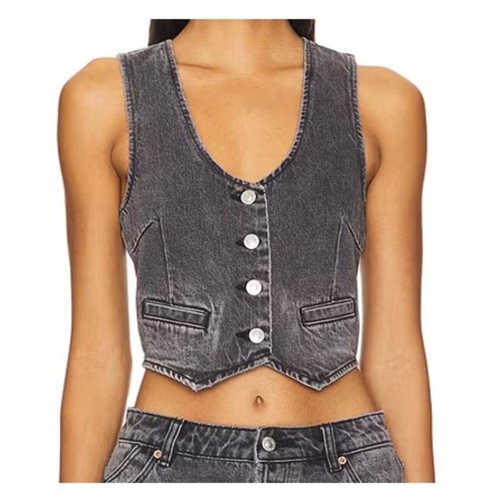 Rolla's Dallas Vest XS Washed Black Denim Cropped Waistcoat Cinch Back Grunge